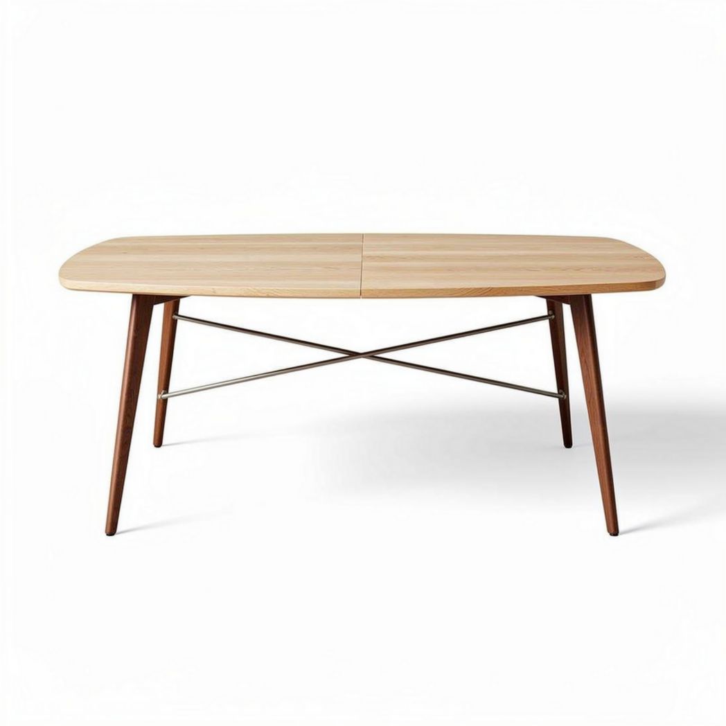 Wooden dining table with natural finish and metal cross supports 150 x 90 x 75cm