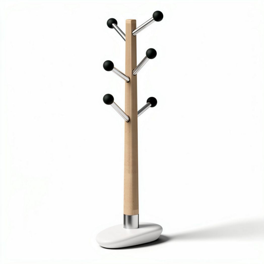 Wooden coat rack with six hooks and a white base 15 x 15 x 180cm
