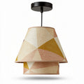 Geometric fabric pendant light fixture in tan and mustard 30 x 30 x 25cm