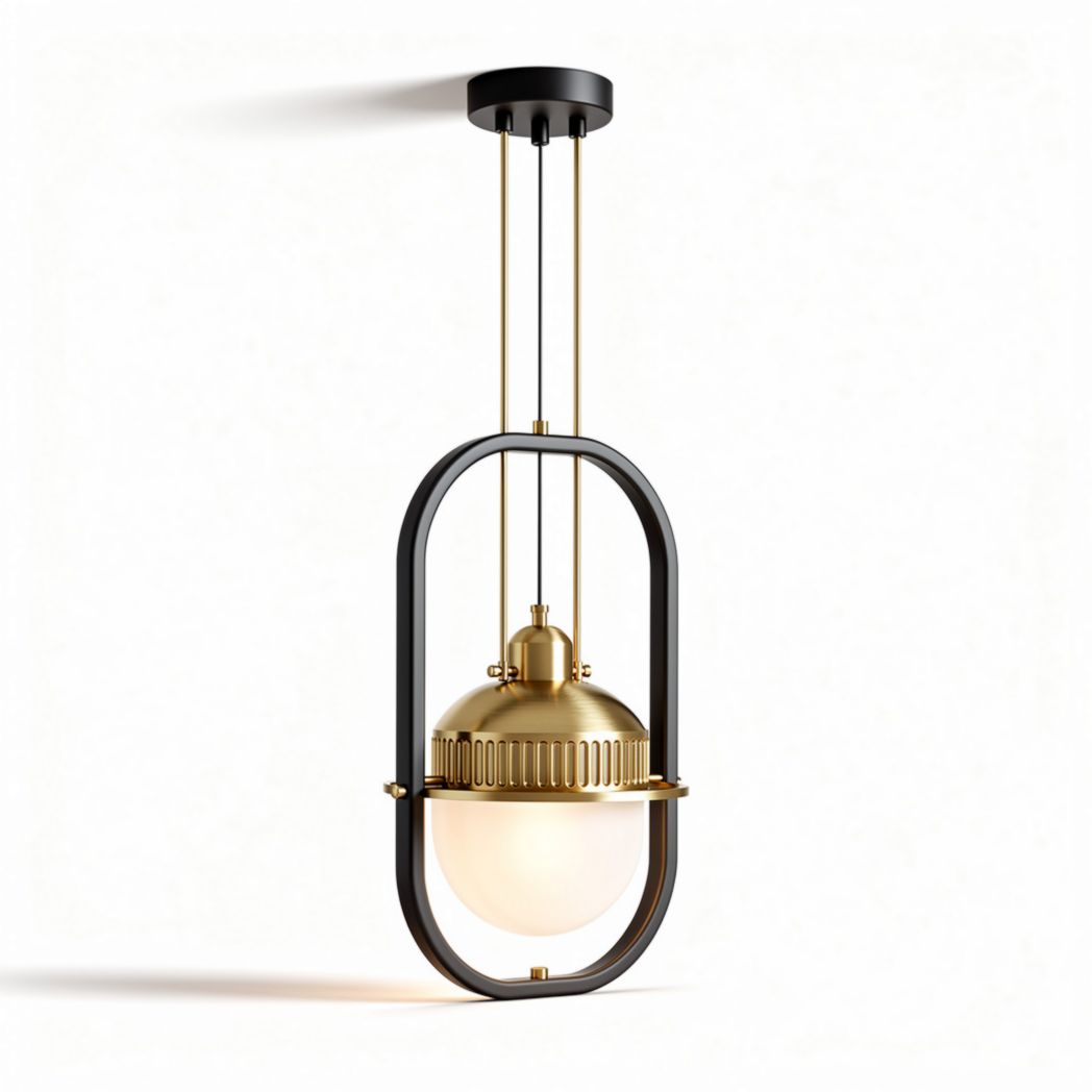 Black and gold pendant light with glass shade for kitchen or dining room