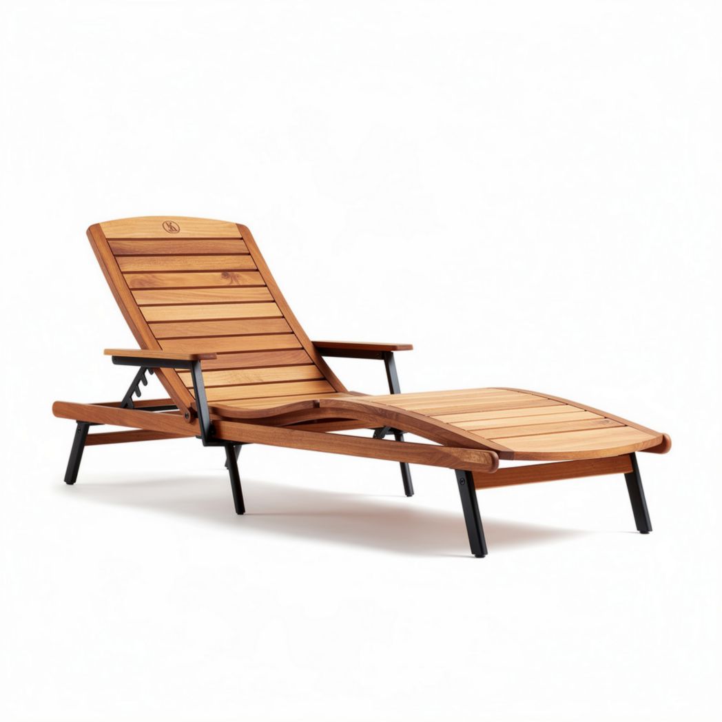 Wooden lounge chair with adjustable backrest and metal frame for outdoor use