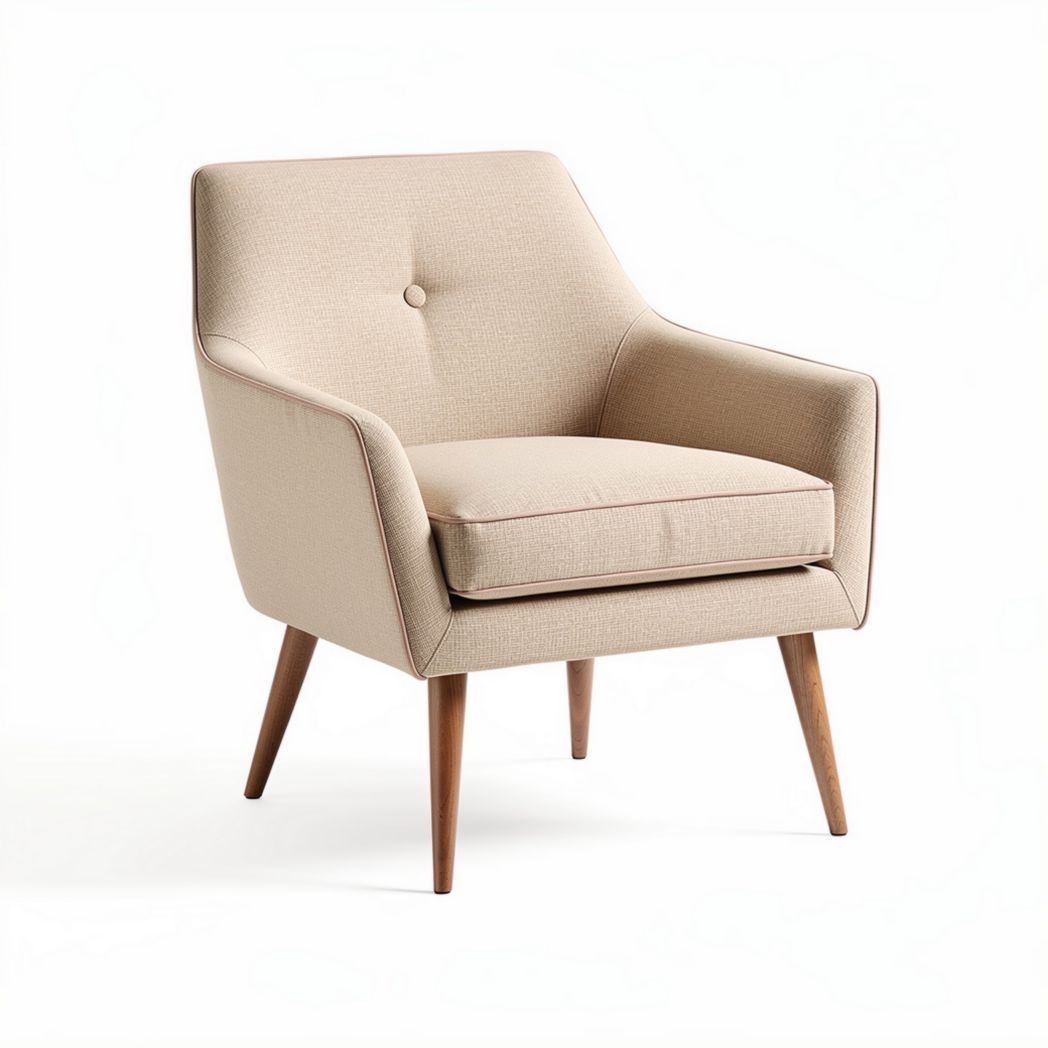 Mid-century modern accent chair in beige fabric with wood legs 70 x 70 x 80cm