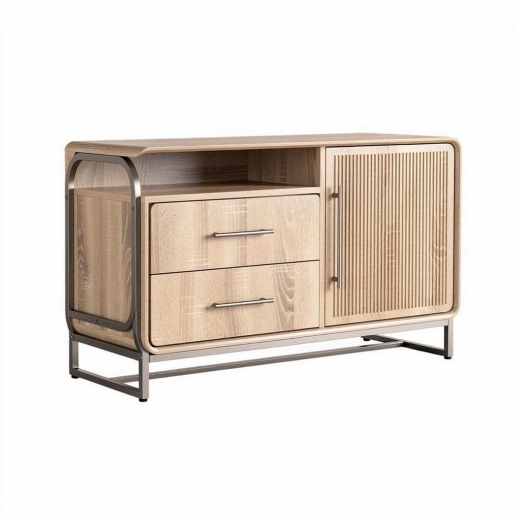 Wooden side cabinet with metal frame and two drawers 120 x 45 x 60cm