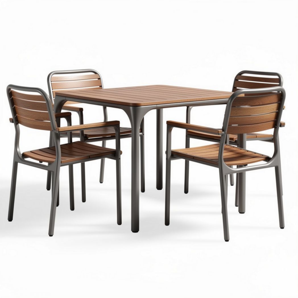 Outdoor dining set with aluminum frame and wooden slats 120 x 120 x 75cm